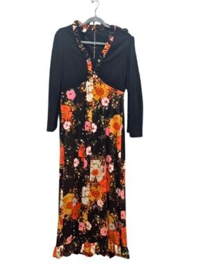 VTG 70s Black Psychedelic Floral Maxi Dress Size 6 Boho Colorful Ruffle